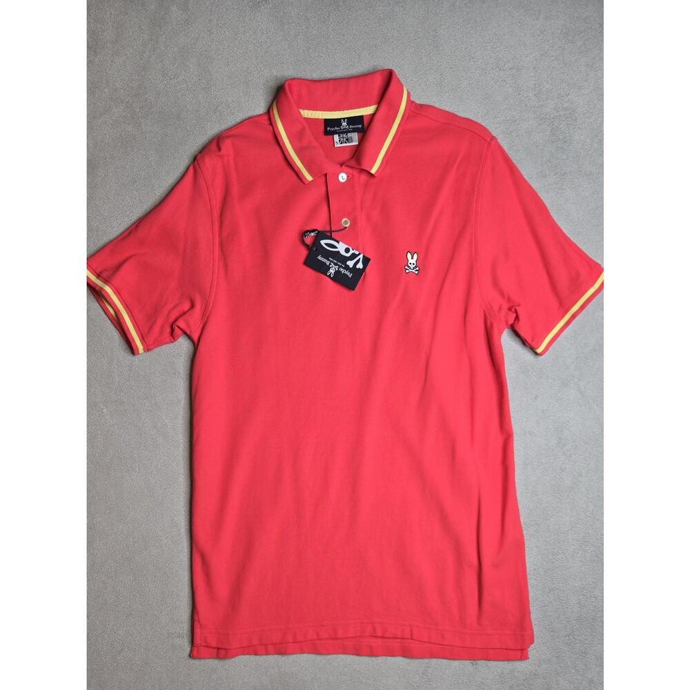 Psycho Bunny Men’s Red Polo Shirt Short Sleeve Blue Stripe Collar Cotton Large - Picture 2 of 10